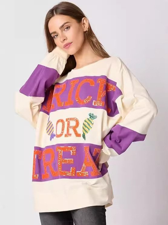 Halloween Pumpkin Letters Jumper Crewneck Dropshoulder Long Sleeve Pullover Top Plus Size Fuzzy Knitted Women Sweaters