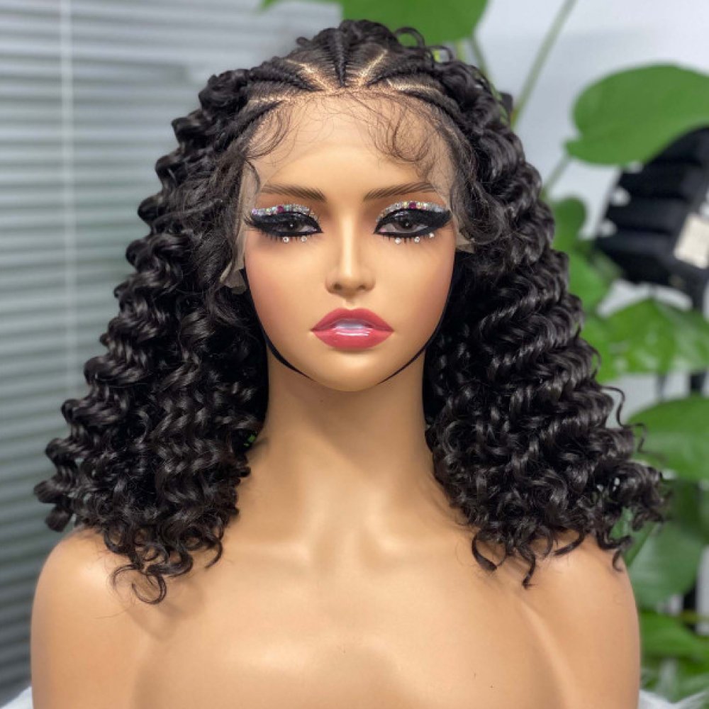 Jennifer 16Inch Braided Wigs Premium Synthetic Fiber Deep Wave Short Bob Lace Frontal Wigs