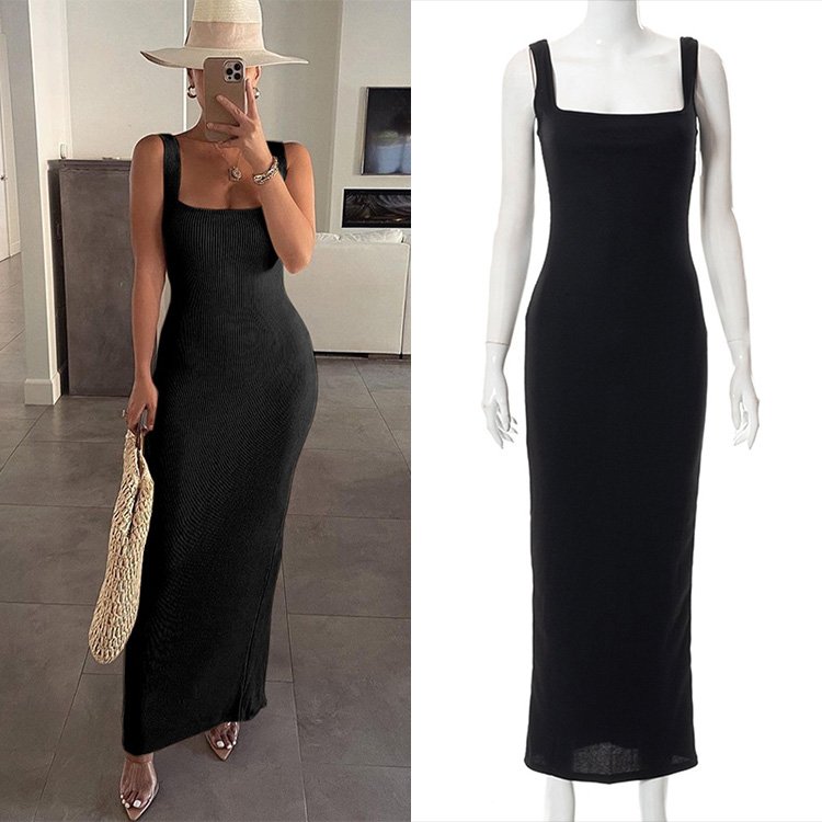 Autumn new solid color casual round neck pullover ribbed vest long dress