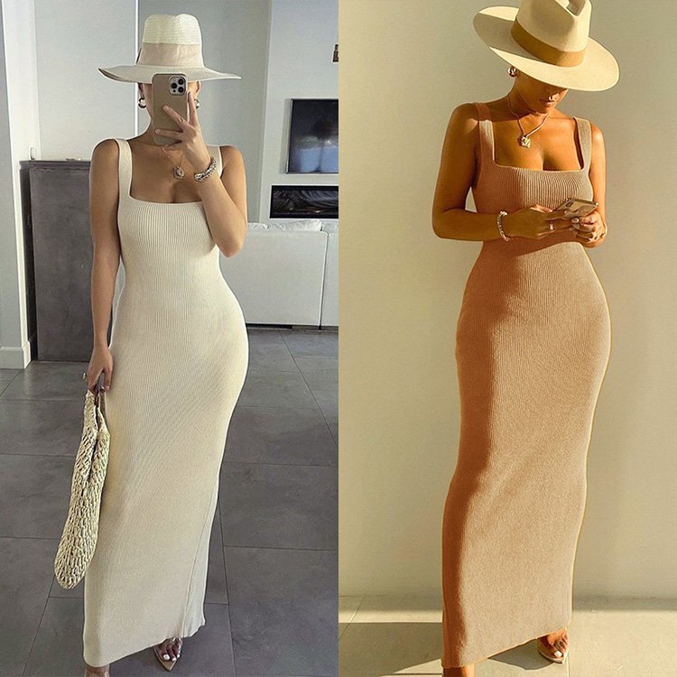 Autumn new solid color casual round neck pullover ribbed vest long dress