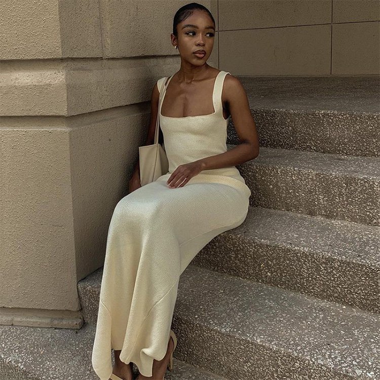 Autumn new solid color casual round neck pullover ribbed vest long dress