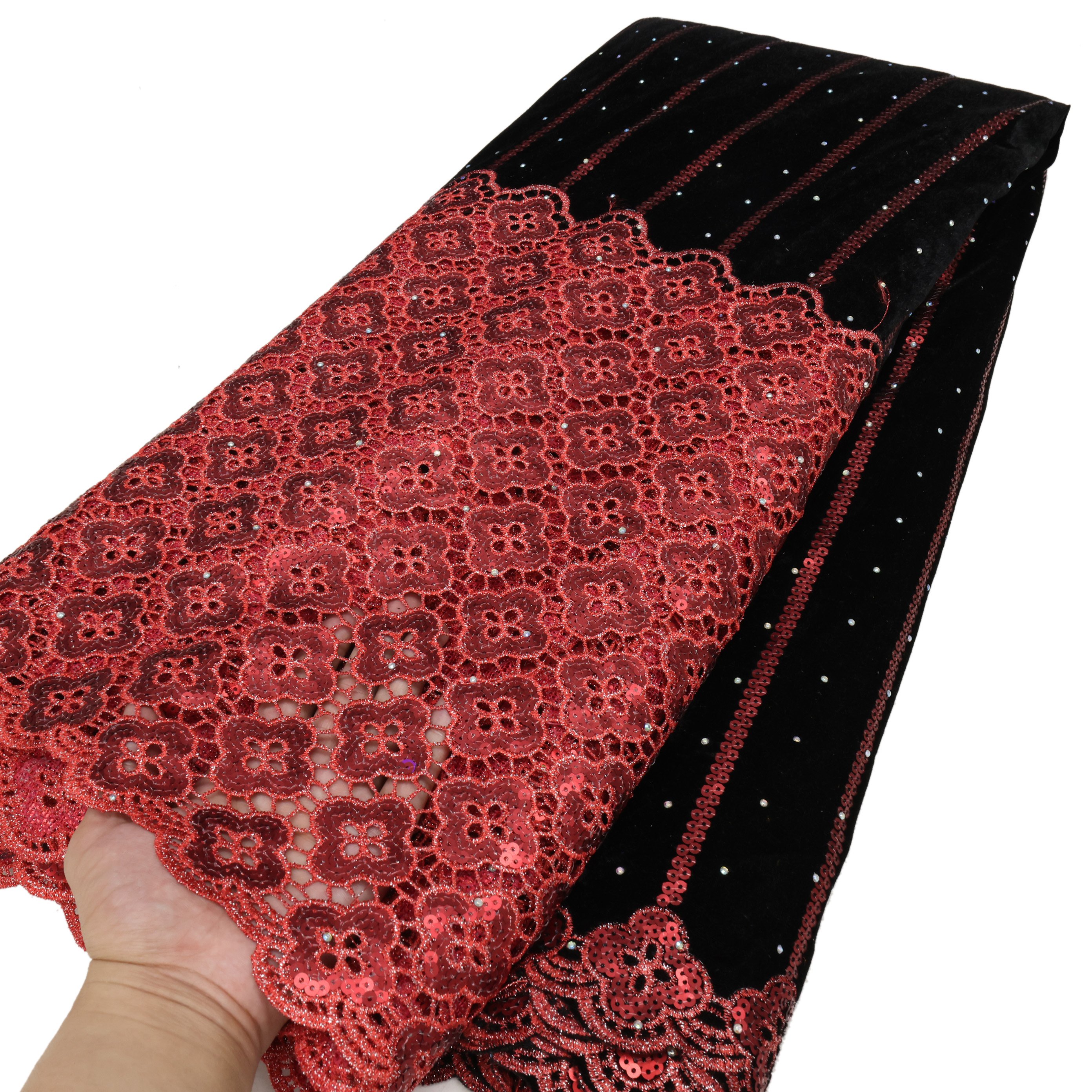 NI.AI Sequin Embroidered Fabric 5 Yards Wedding Velvet with Stones Laces Fabrics For Woman Party