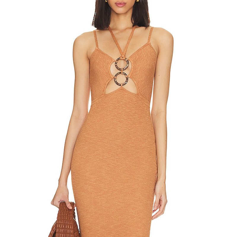 High Quality ribbed Jersey Cut-Out Halter Tie Knitted Tube Dress Strapless Spaghetti Knit Midi Dress For Women