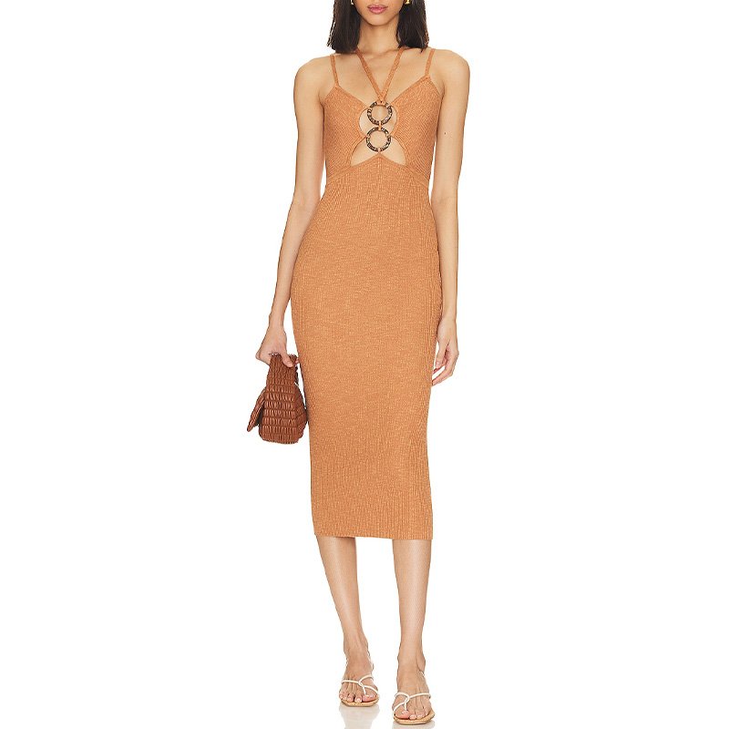 High Quality ribbed Jersey Cut-Out Halter Tie Knitted Tube Dress Strapless Spaghetti Knit Midi Dress For Women