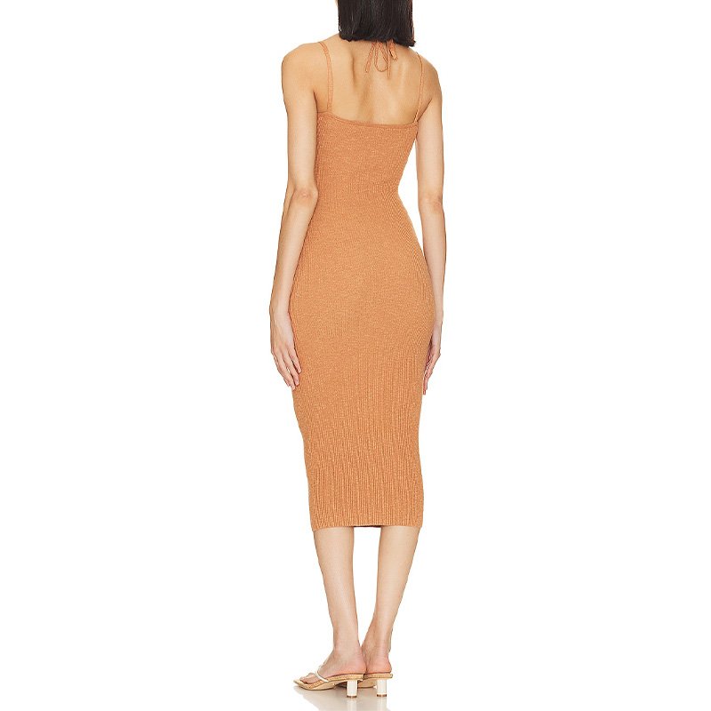 High Quality ribbed Jersey Cut-Out Halter Tie Knitted Tube Dress Strapless Spaghetti Knit Midi Dress For Women