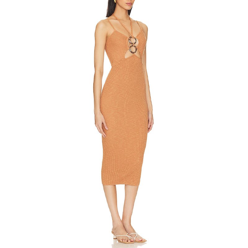 High Quality ribbed Jersey Cut-Out Halter Tie Knitted Tube Dress Strapless Spaghetti Knit Midi Dress For Women