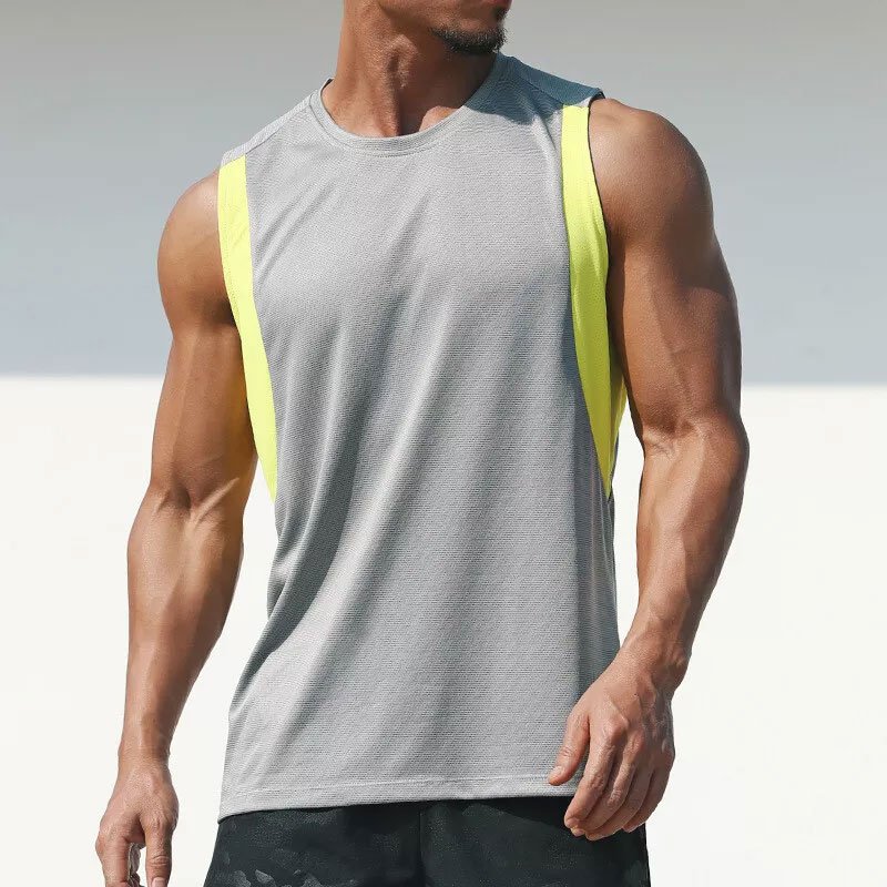 Men's Quick Dry V-Neck Tank Top Breathable Fitness Vest with Badge Decoration Knitted Sleeveless Workout Running Sports T Shirt