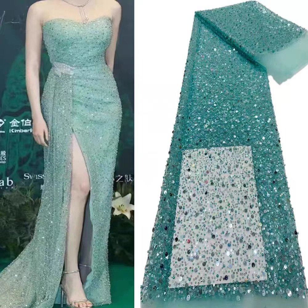 China Factory Direct Sale Latest African Bridal Lace Fabric Sequin Beaded Embroidery