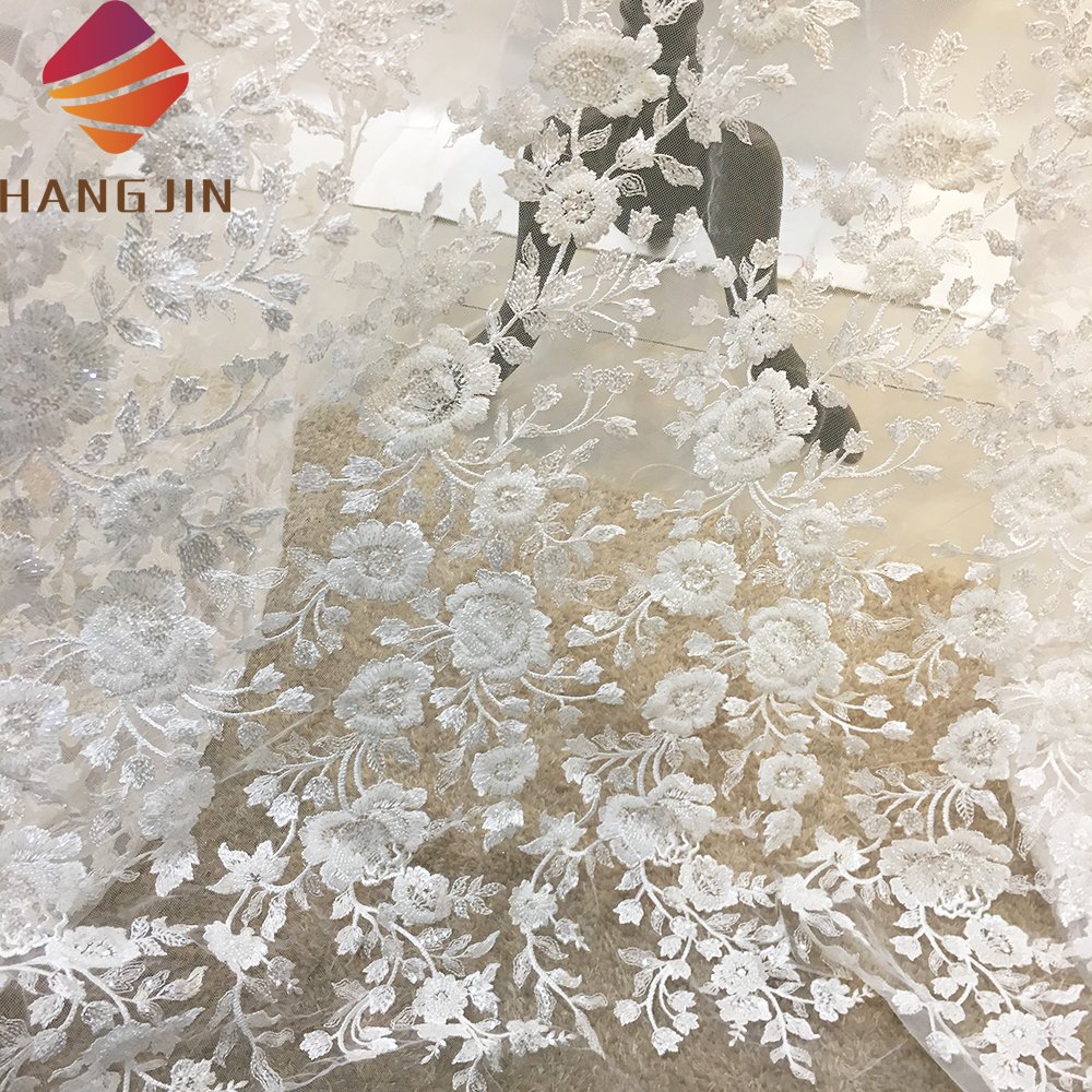 African Sequins Embroidery 3D Beaded Tulle Floral Embroidered Net Fabric Wedding Lace Fabrics For Women