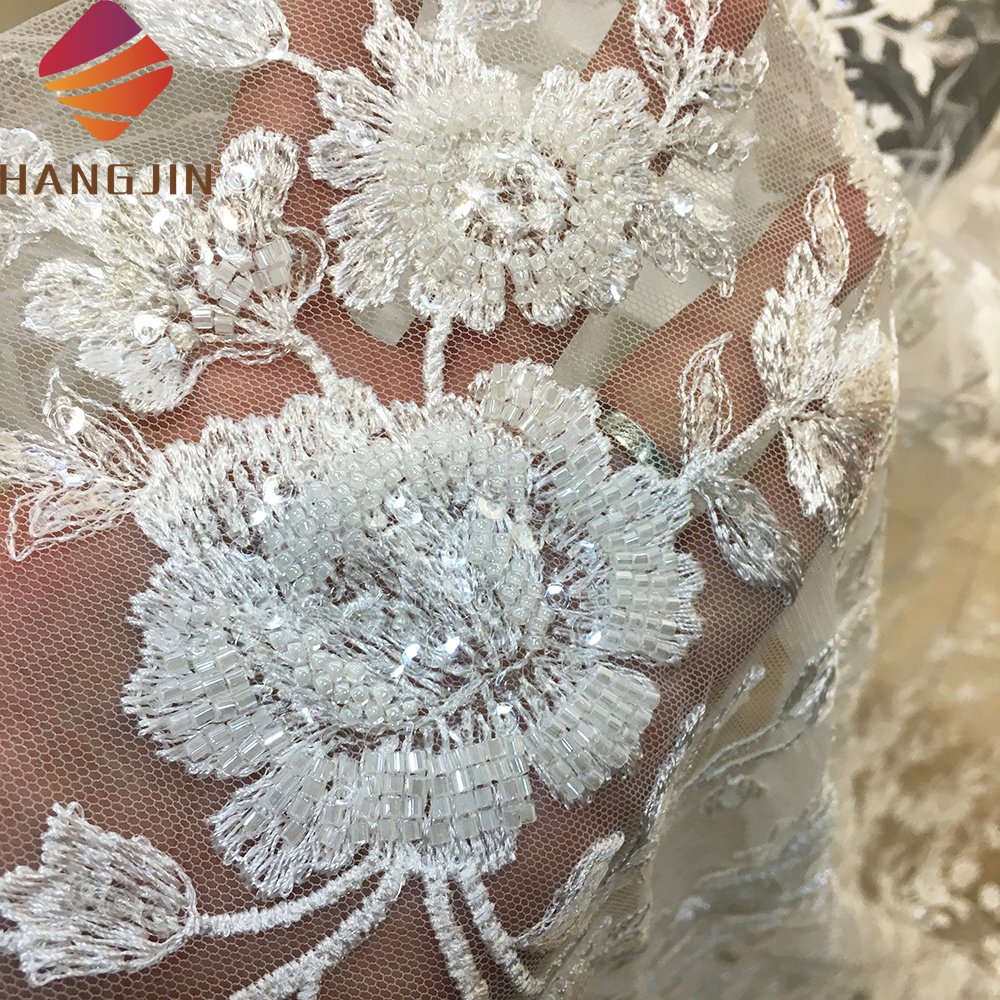 African Sequins Embroidery 3D Beaded Tulle Floral Embroidered Net Fabric Wedding Lace Fabrics For Women
