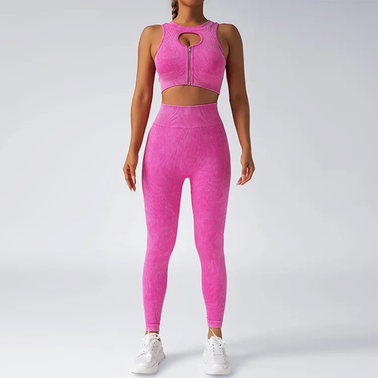 Women Washing Full Zip Top High Waist Pant Yoga Suits Lady Sleeveless Gather Gym Sets Female Scrunch Butt Bound Feet Sports Suit