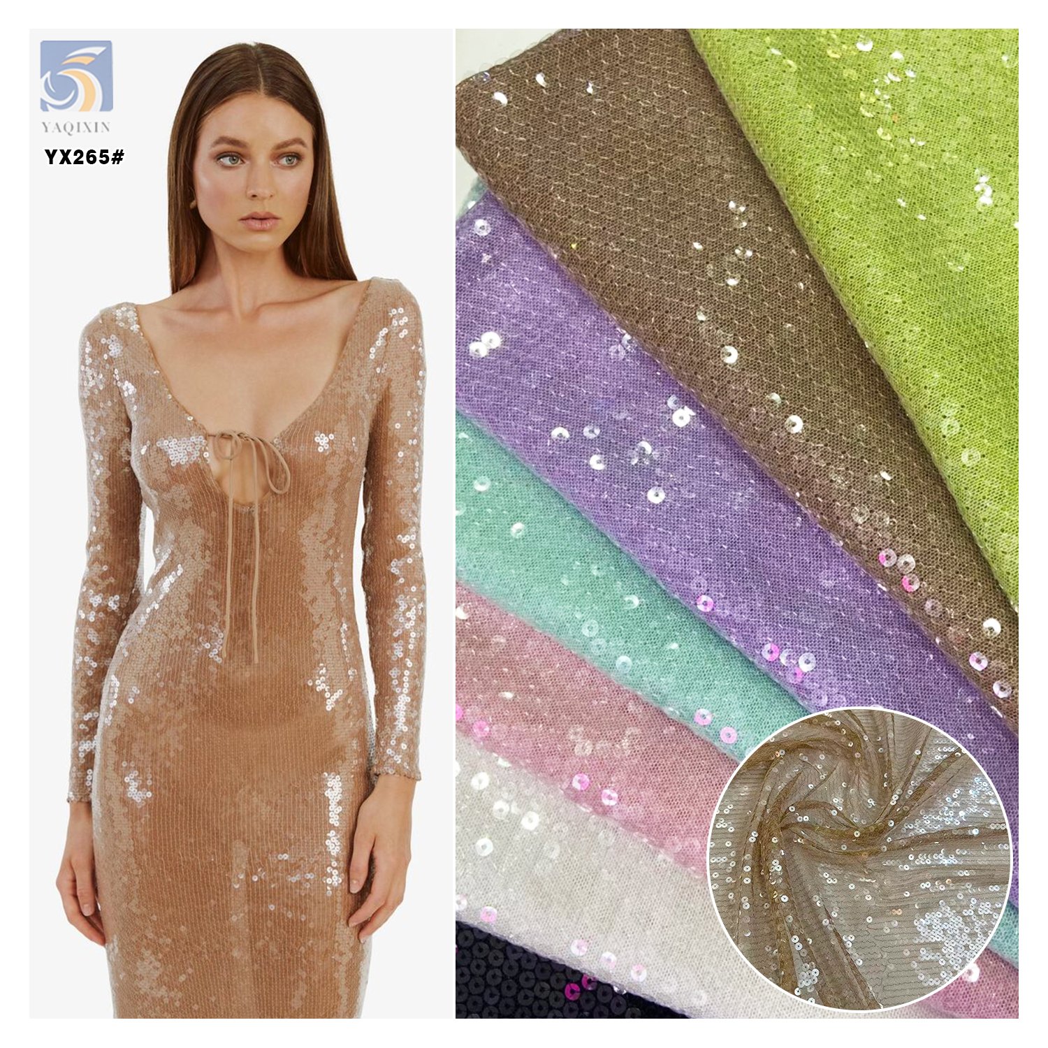 YX265 Factory 300gsm Polyester European Wedding Dress Gown 5mm Sheer Crystal Sequin Embroidery Fabric