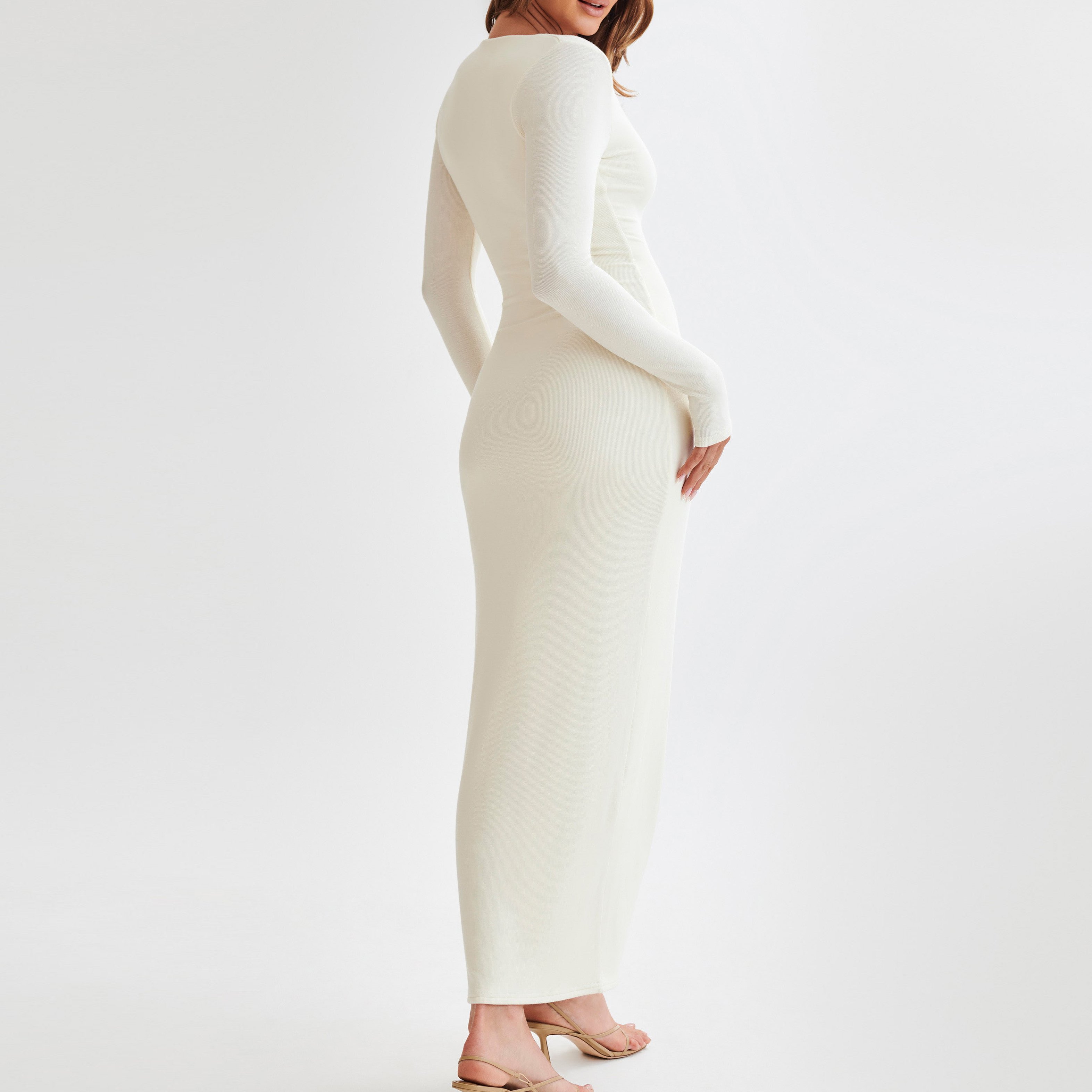 Custom Elegant Ladies Square Neck Bodycon Long Sleeve Cotton Ribbed Maxi Dress Women