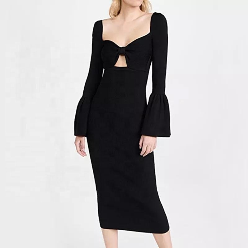 Autumn and Winter New Fashion Factory Wholesale Customized Black Hollow Rib Knitted Midi Women's Sweater Dress