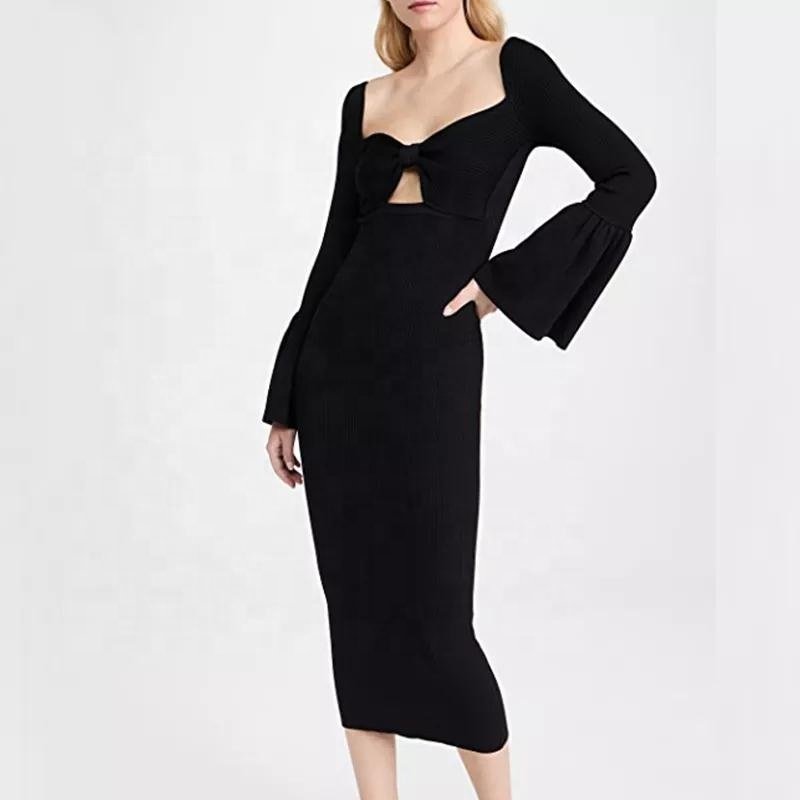 Autumn and Winter New Fashion Factory Wholesale Customized Black Hollow Rib Knitted Midi Women's Sweater Dress
