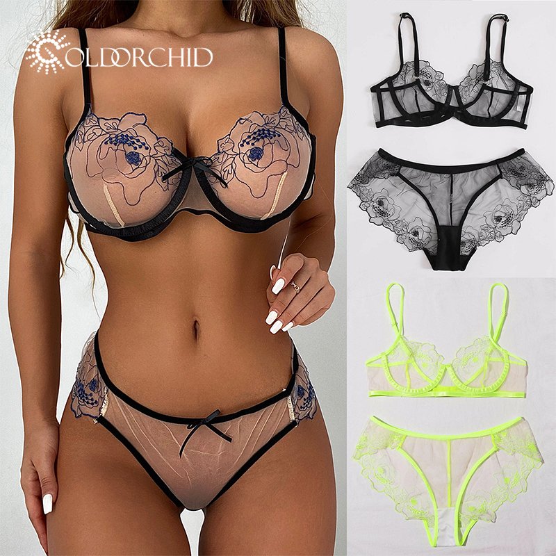 New design embroidery sexy transparent lace women two piece lingerie sets