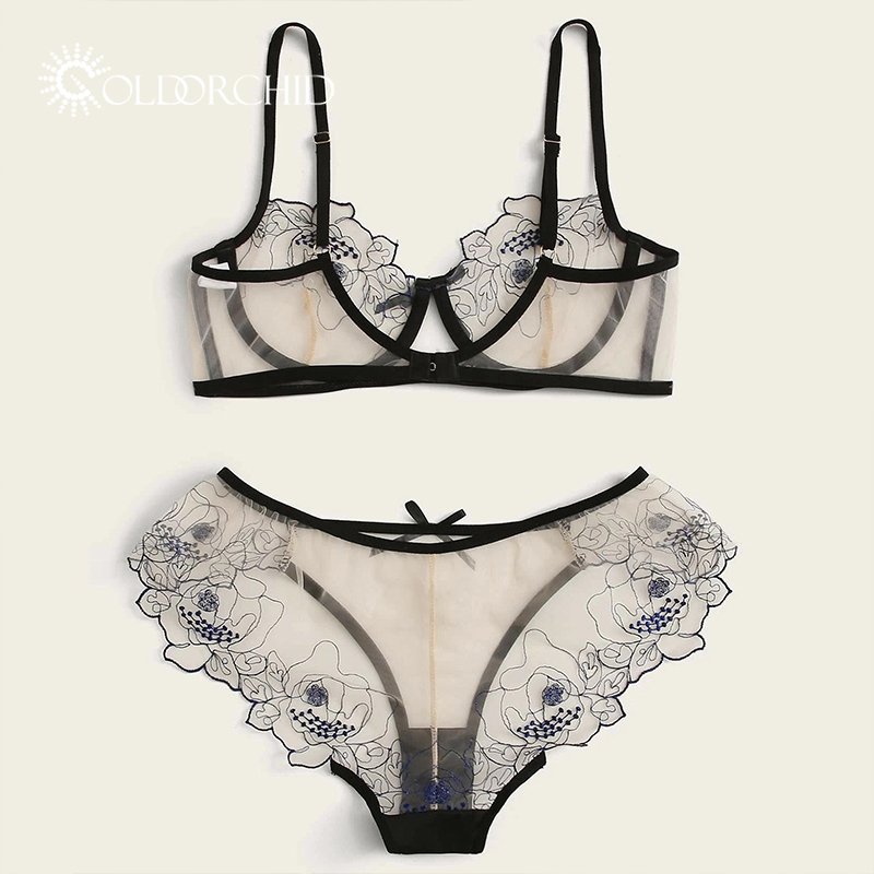 New design embroidery sexy transparent lace women two piece lingerie sets