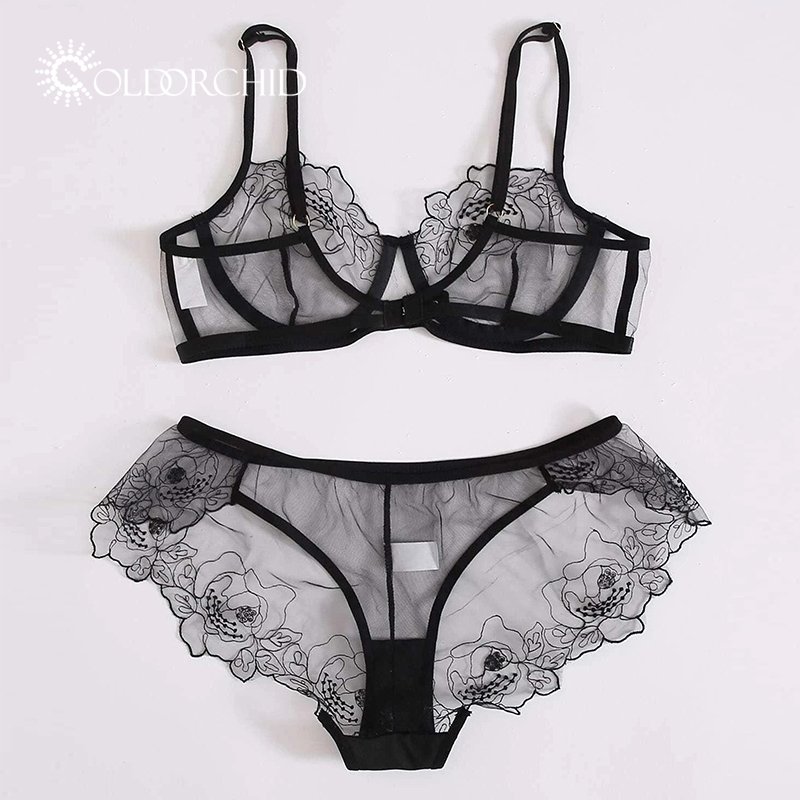 New design embroidery sexy transparent lace women two piece lingerie sets