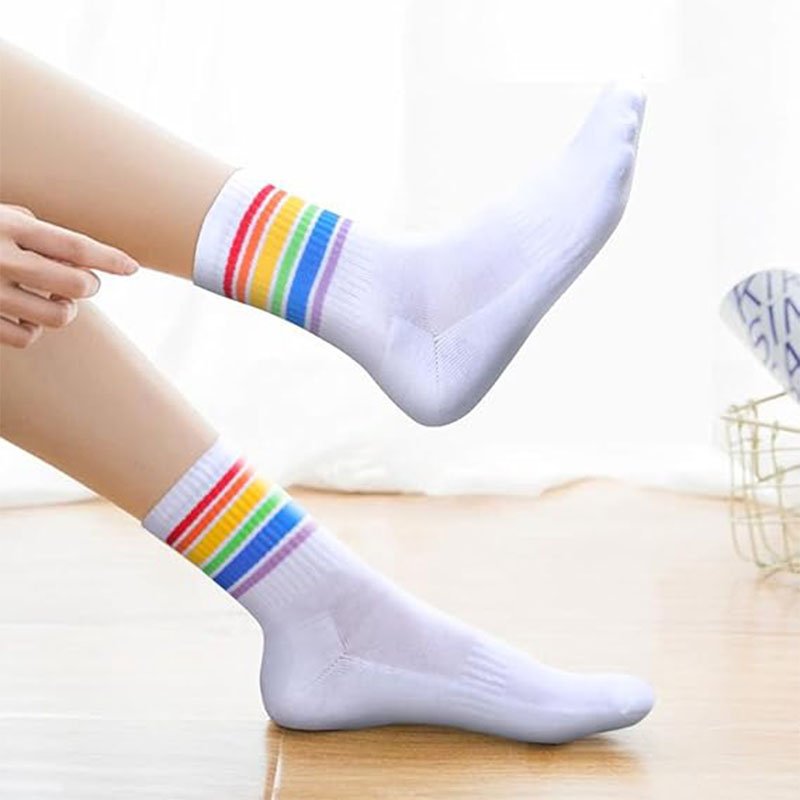 Rainbow striped midtube elastic ribbed socks for women