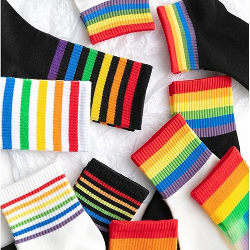 Rainbow striped midtube elastic ribbed socks for women