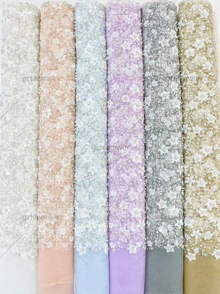 Wholesale Luxury Bridal Embroidery Tulle Bead Tube Flowers Sequin Embroidered Beaded Lace Fabric with pearls for dresses