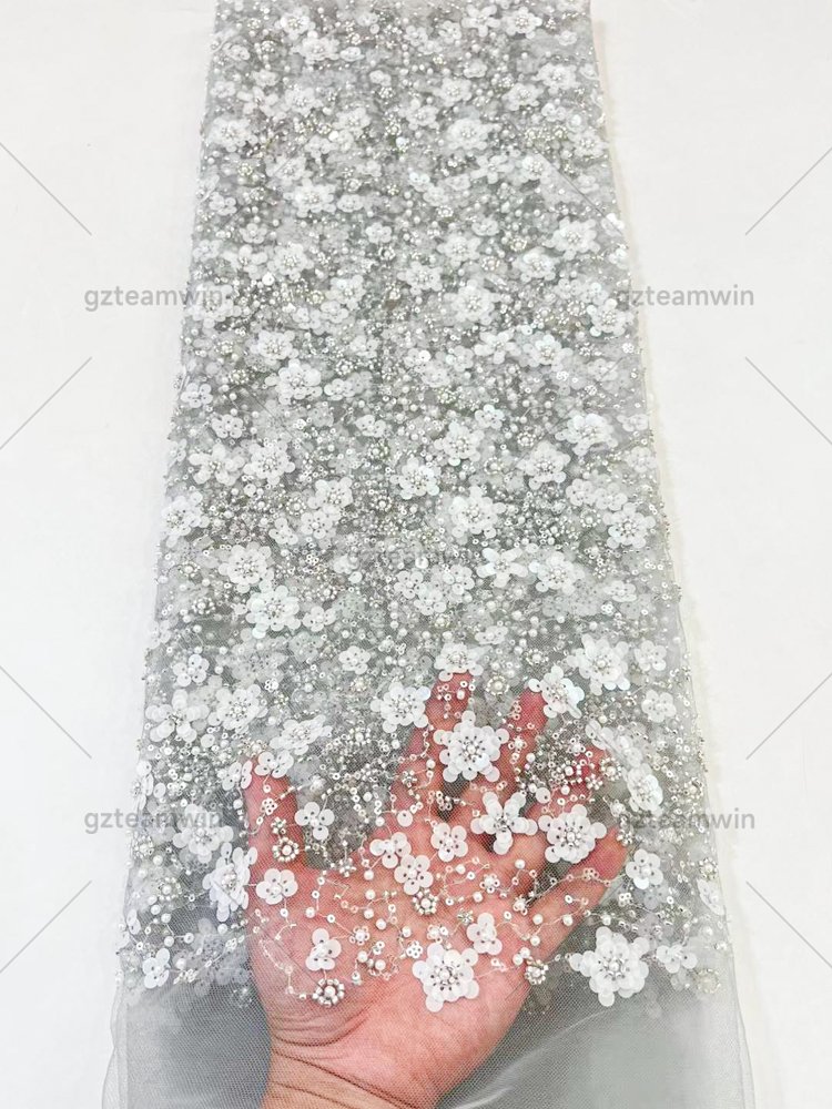 Wholesale Luxury Bridal Embroidery Tulle Bead Tube Flowers Sequin Embroidered Beaded Lace Fabric with pearls for dresses