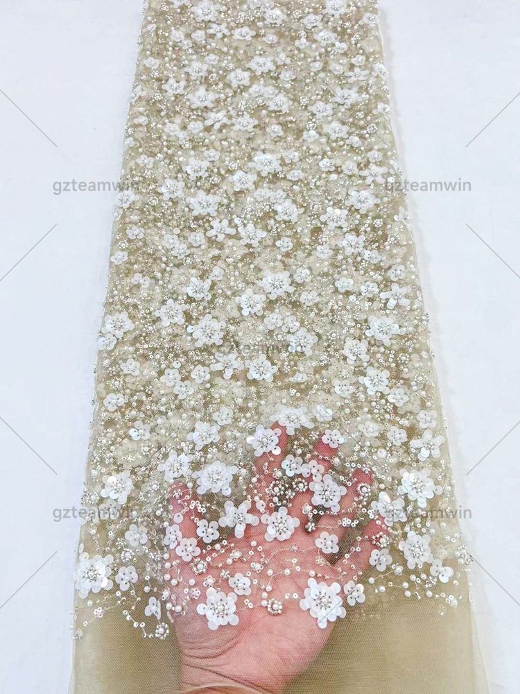 Wholesale Luxury Bridal Embroidery Tulle Bead Tube Flowers Sequin Embroidered Beaded Lace Fabric with pearls for dresses