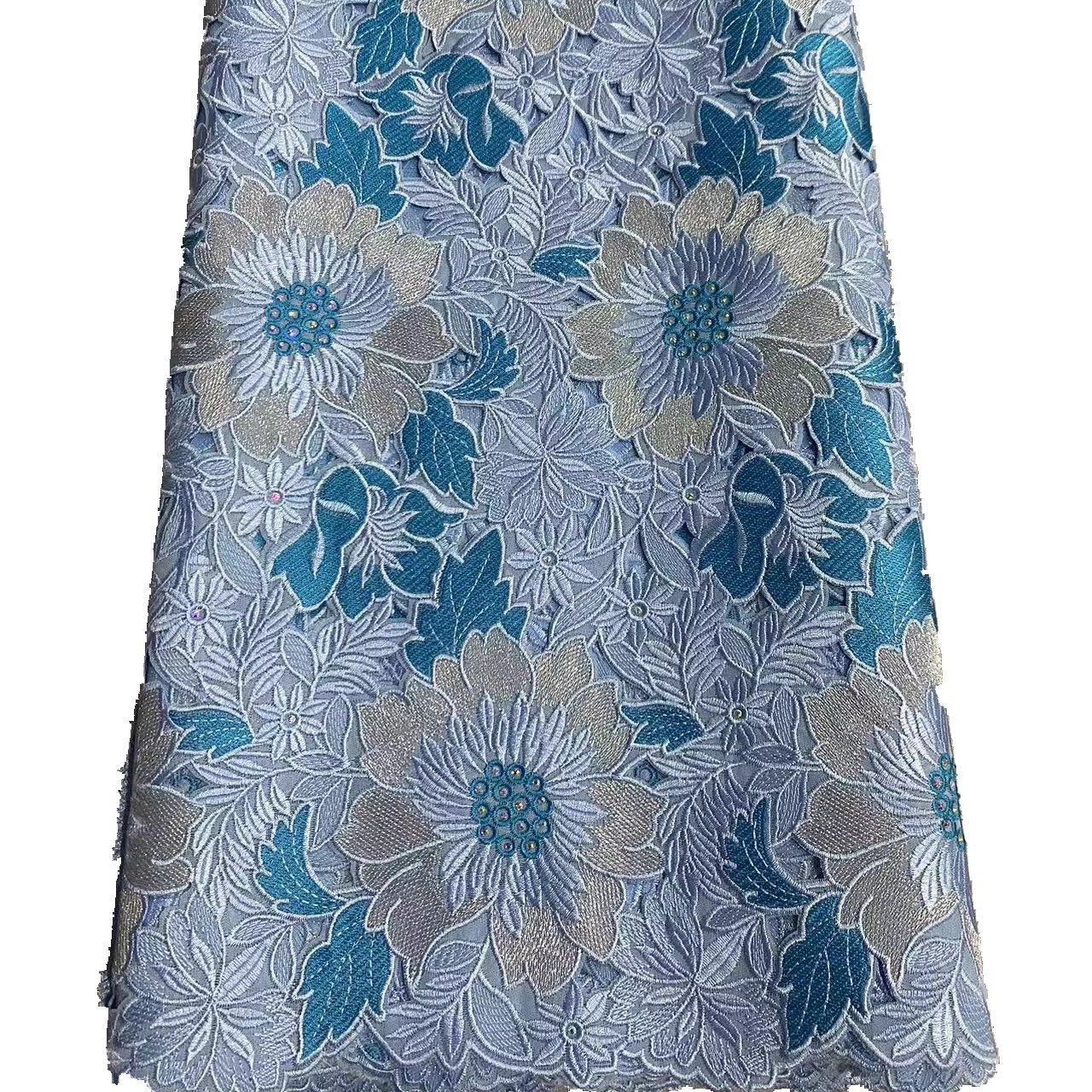 Top quality luxury lace sky blue organza lace fabric with stones wedding dress embroidery lace fabric women clothing for party