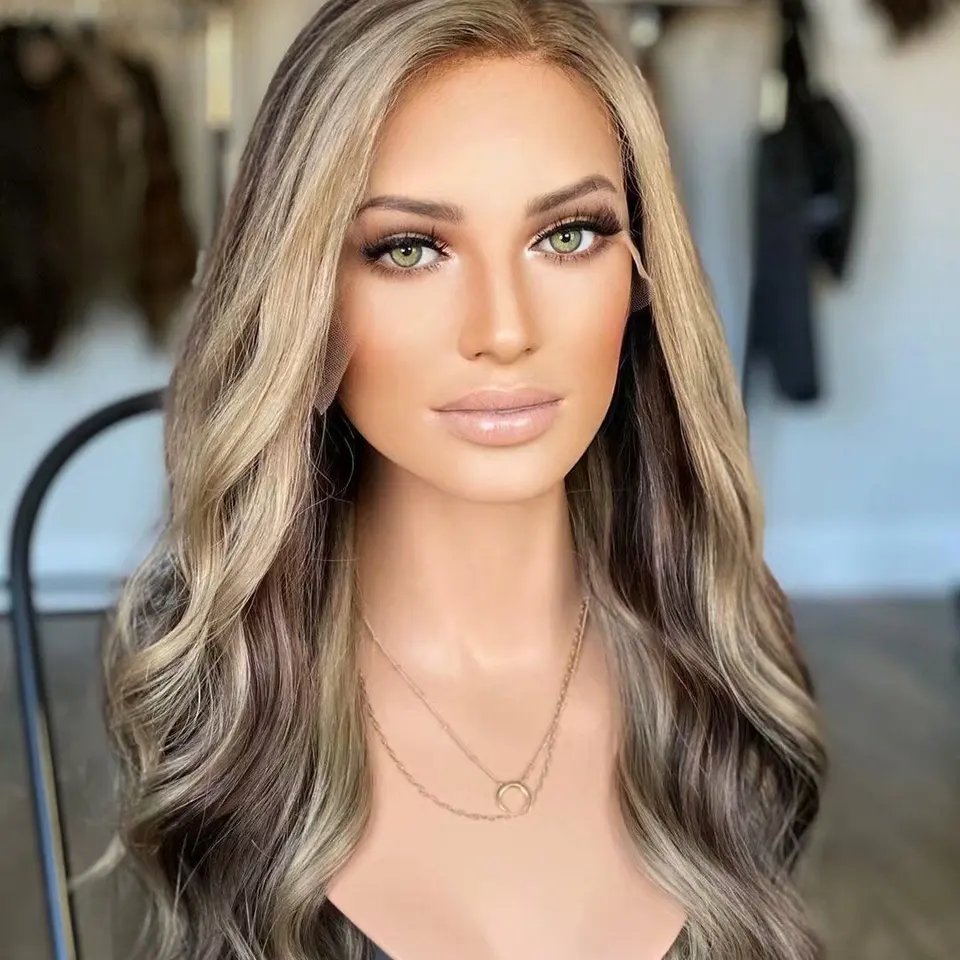 Jewish Hair Silky Straight Wave Blonde Brown Highlight Color Cuticle Aligned Human Hair HD Lace Frontal Wigs