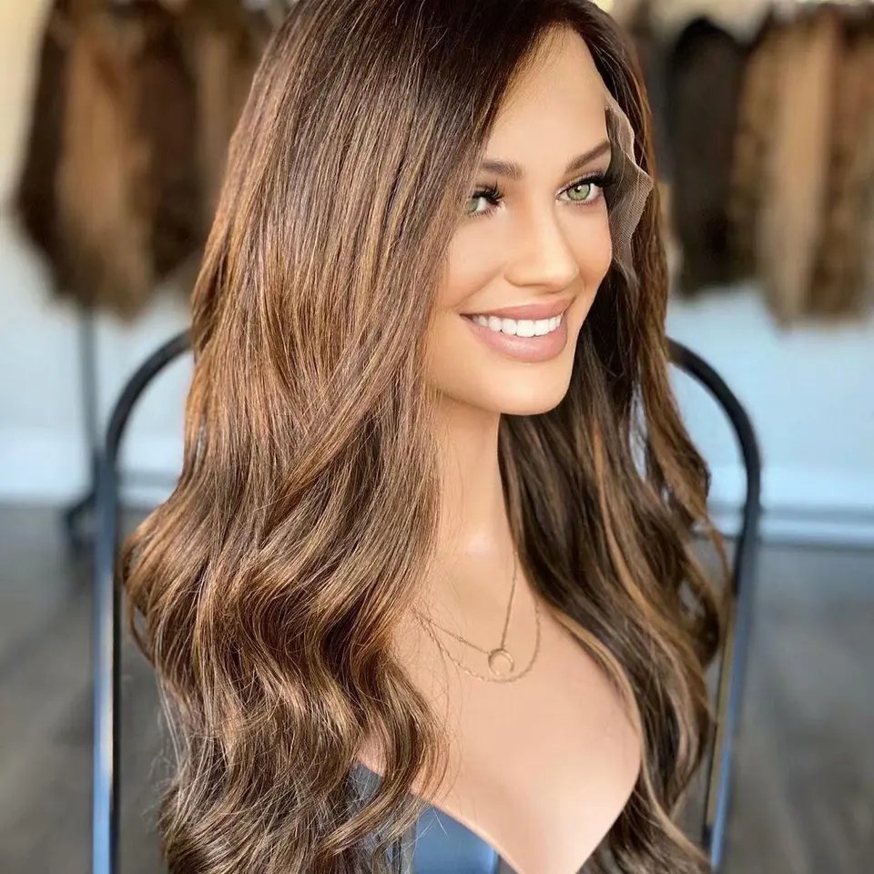 Jewish Hair Silky Straight Wave Blonde Brown Highlight Color Cuticle Aligned Human Hair HD Lace Frontal Wigs