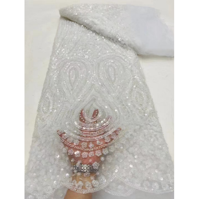 2024 Embroidery Fabric Fashion French Net Lace Fabric African Sequins Embroidered Lace Fabric With Beads For Women Party Dress