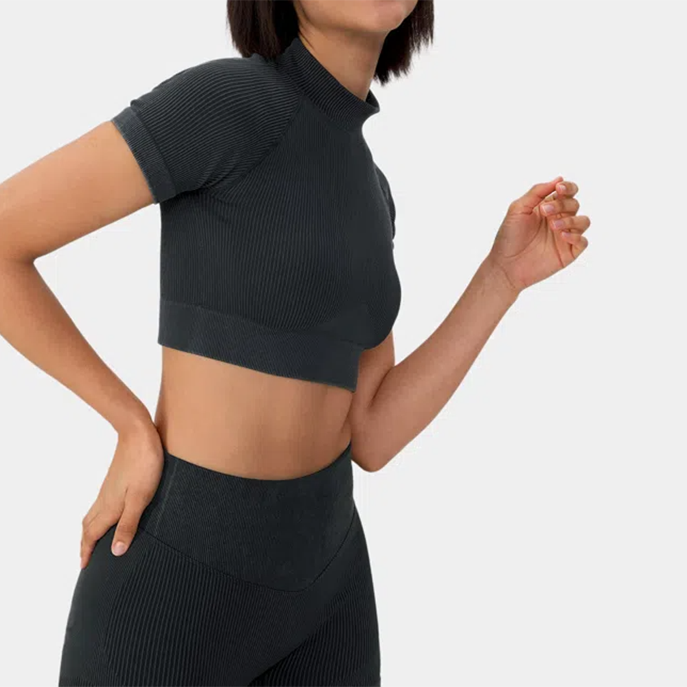 Custom Women'S Ribbed Knit Mock Neck Short Sleeve Cropped Summer Hot Sale Crop Top Women Custom Short Sleeve Crop Top Gym