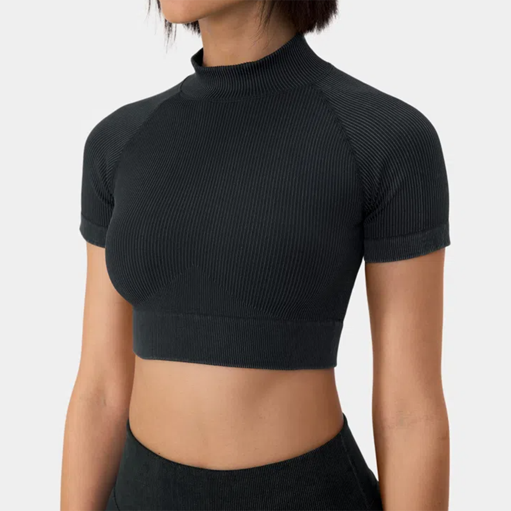 Custom Women'S Ribbed Knit Mock Neck Short Sleeve Cropped Summer Hot Sale Crop Top Women Custom Short Sleeve Crop Top Gym