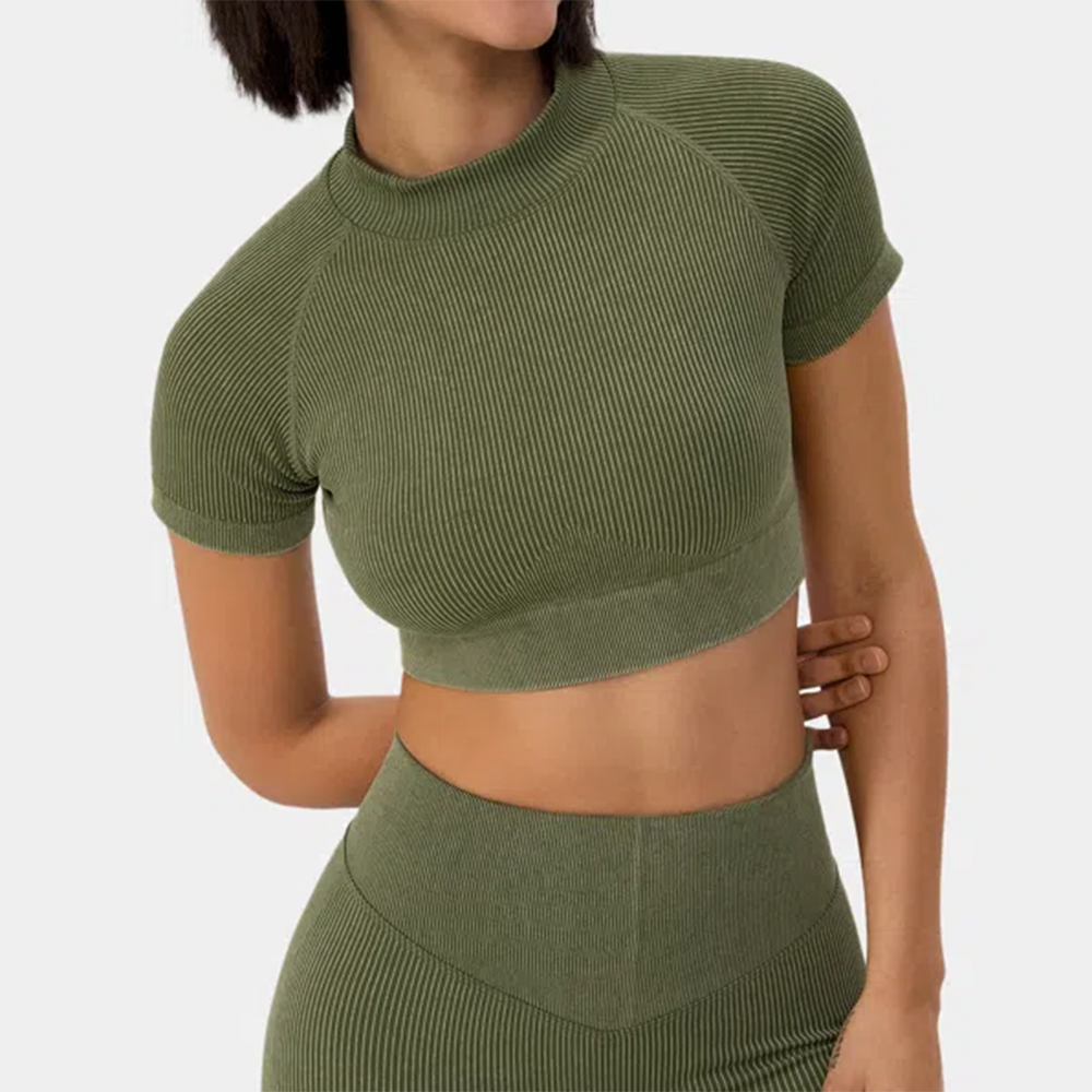 Custom Women'S Ribbed Knit Mock Neck Short Sleeve Cropped Summer Hot Sale Crop Top Women Custom Short Sleeve Crop Top Gym
