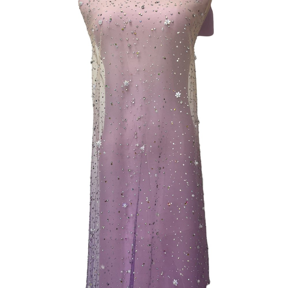 High grade sequin diamonds pearl tulle fabric beaded embroidery printed mesh fabric for evening dress