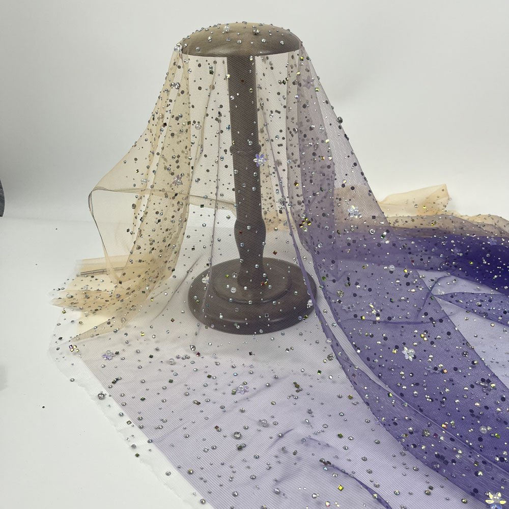 High grade sequin diamonds pearl tulle fabric beaded embroidery printed mesh fabric for evening dress