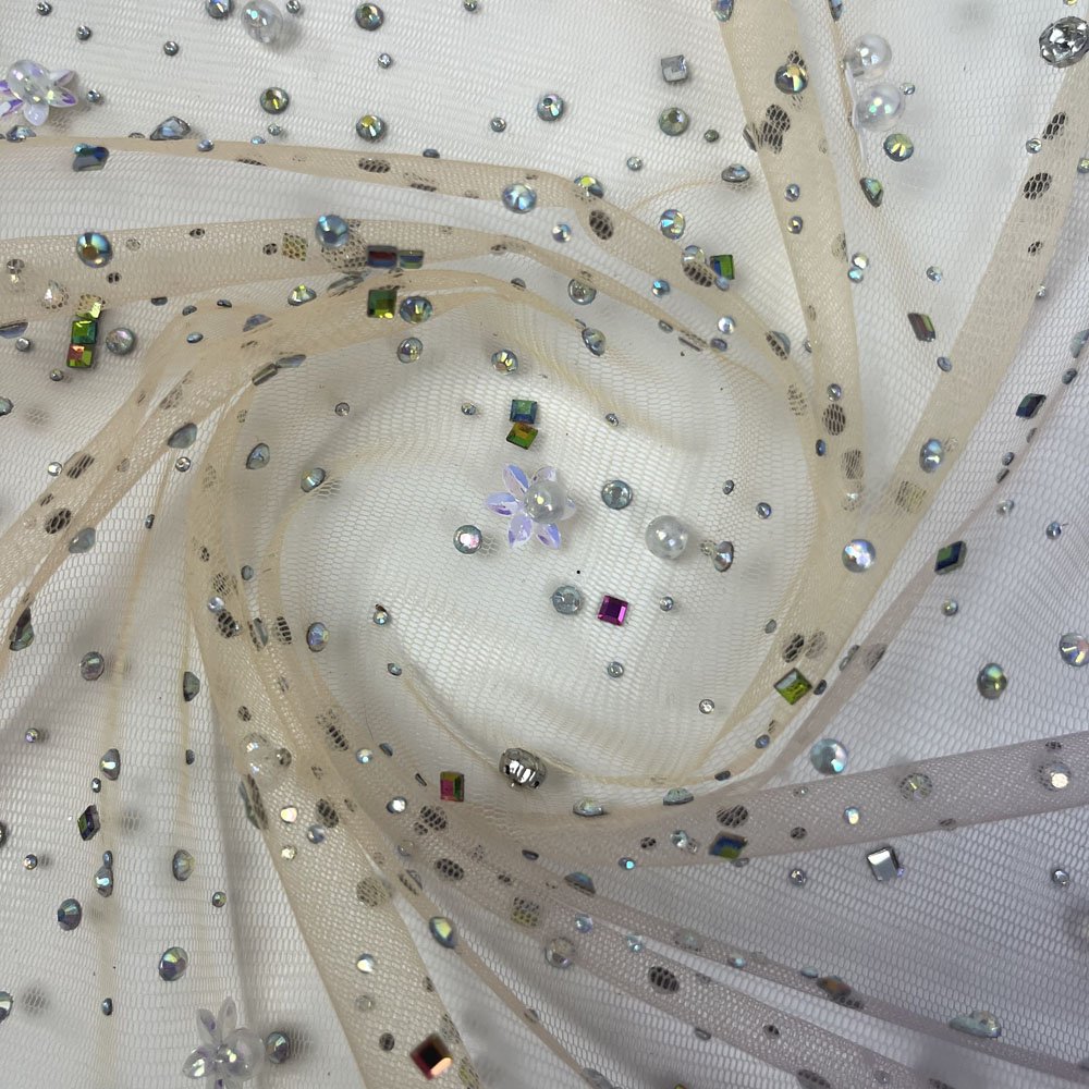 High grade sequin diamonds pearl tulle fabric beaded embroidery printed mesh fabric for evening dress