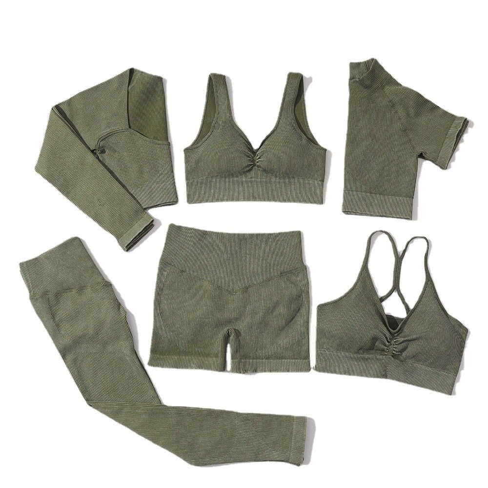 2022 INS Hot Sale Women's 6 Piece Acid Wash Ribbed Seamless Knitted Workout Gym Running Set Butt Lift Athletic Set