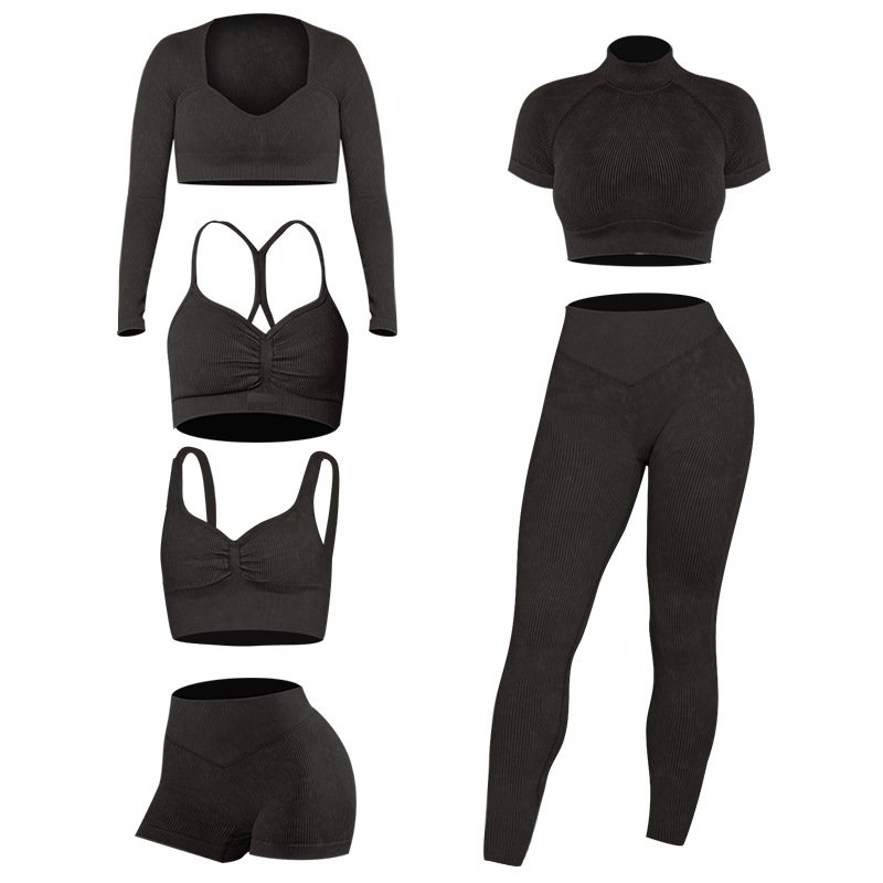 2022 INS Hot Sale Women's 6 Piece Acid Wash Ribbed Seamless Knitted Workout Gym Running Set Butt Lift Athletic Set