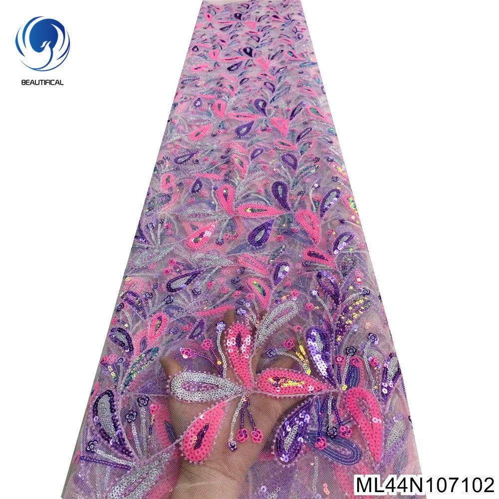 Beautifical beaded lace fabric african wedding dress lace materials embroidery bridal sequin fabric ML44N1071