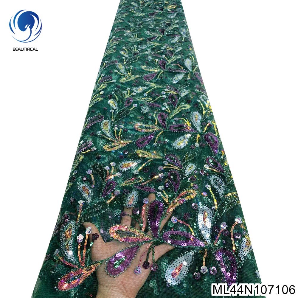 Beautifical beaded lace fabric african wedding dress lace materials embroidery bridal sequin fabric ML44N1071