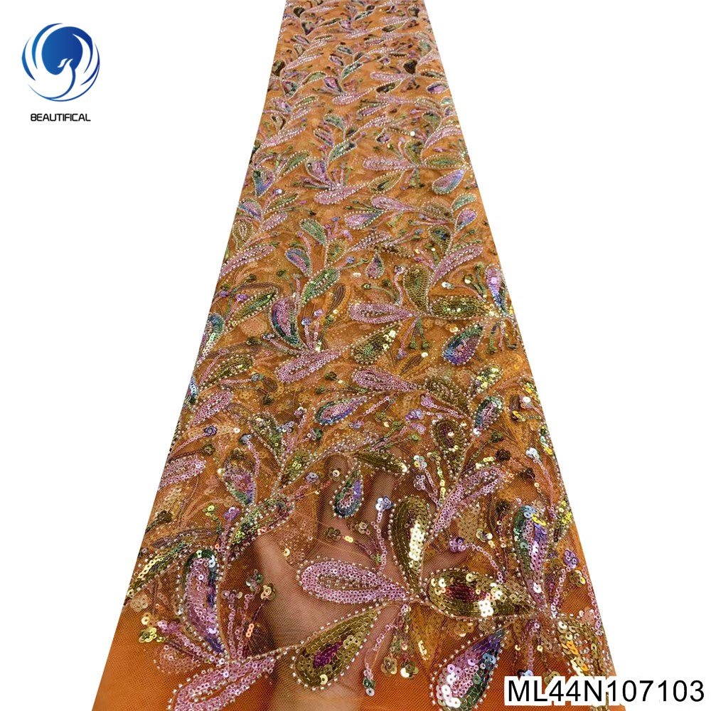 Beautifical beaded lace fabric african wedding dress lace materials embroidery bridal sequin fabric ML44N1071