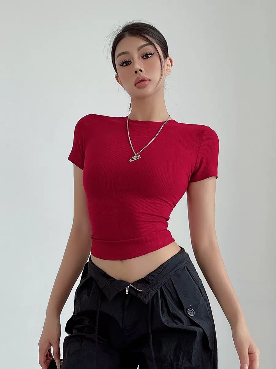 Women's short sleeve T-shirt tight thread round neck sexy slim solid color top