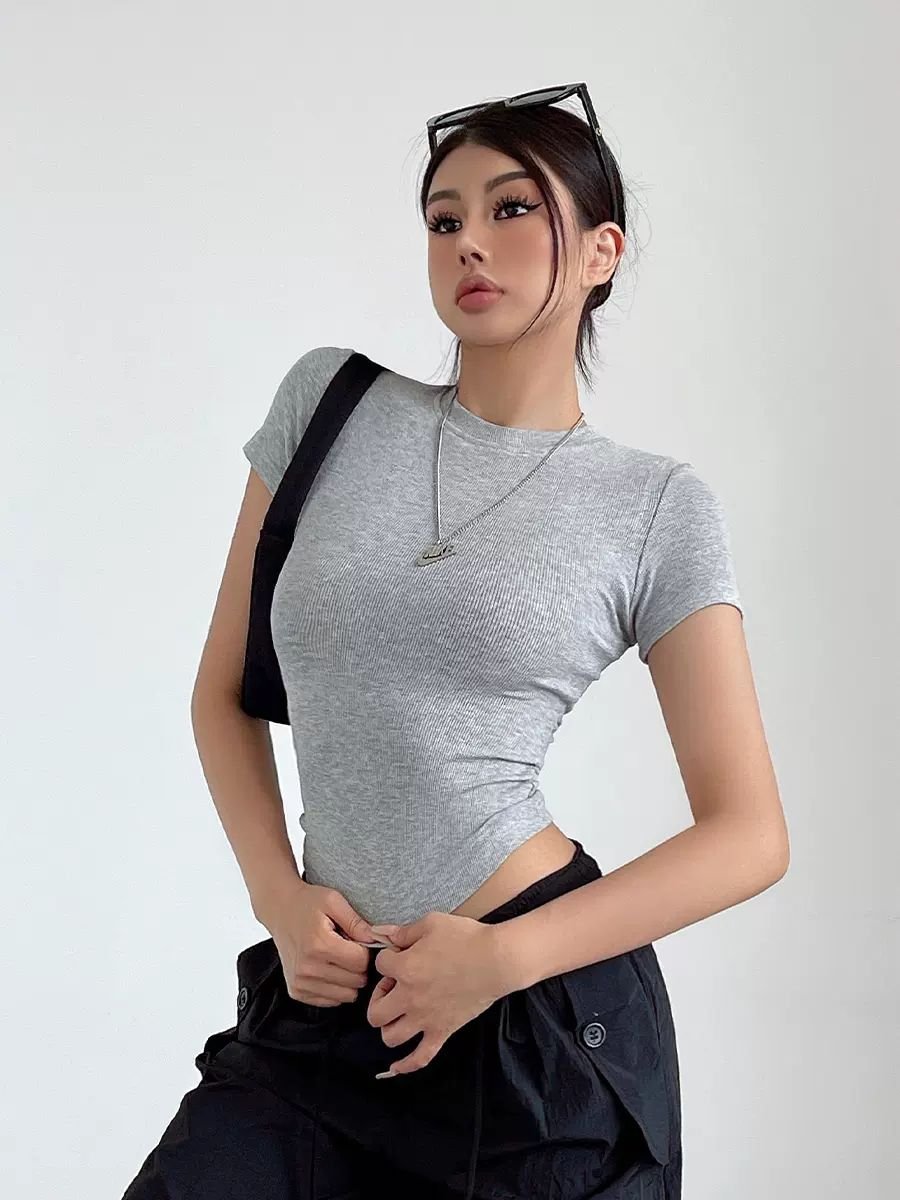 Women's short sleeve T-shirt tight thread round neck sexy slim solid color top