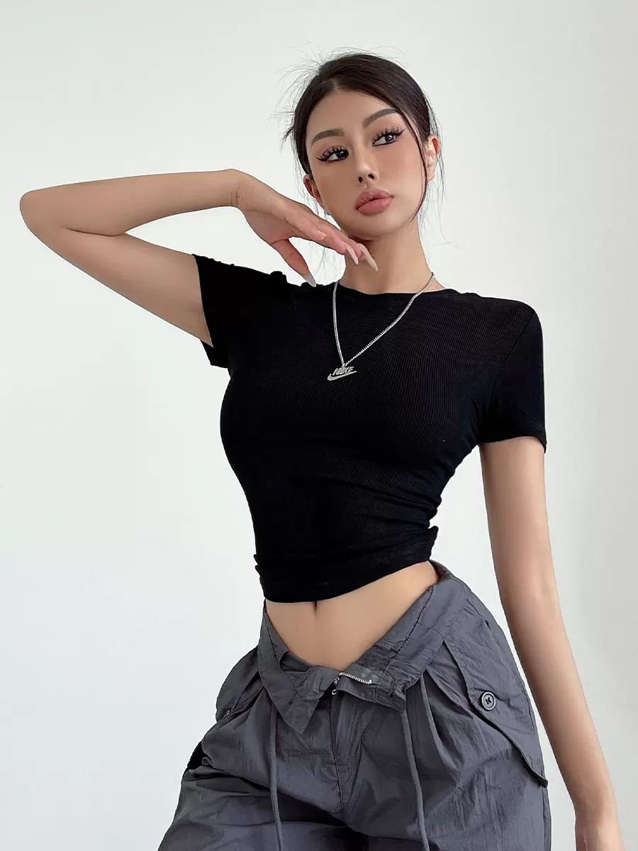Women's short sleeve T-shirt tight thread round neck sexy slim solid color top