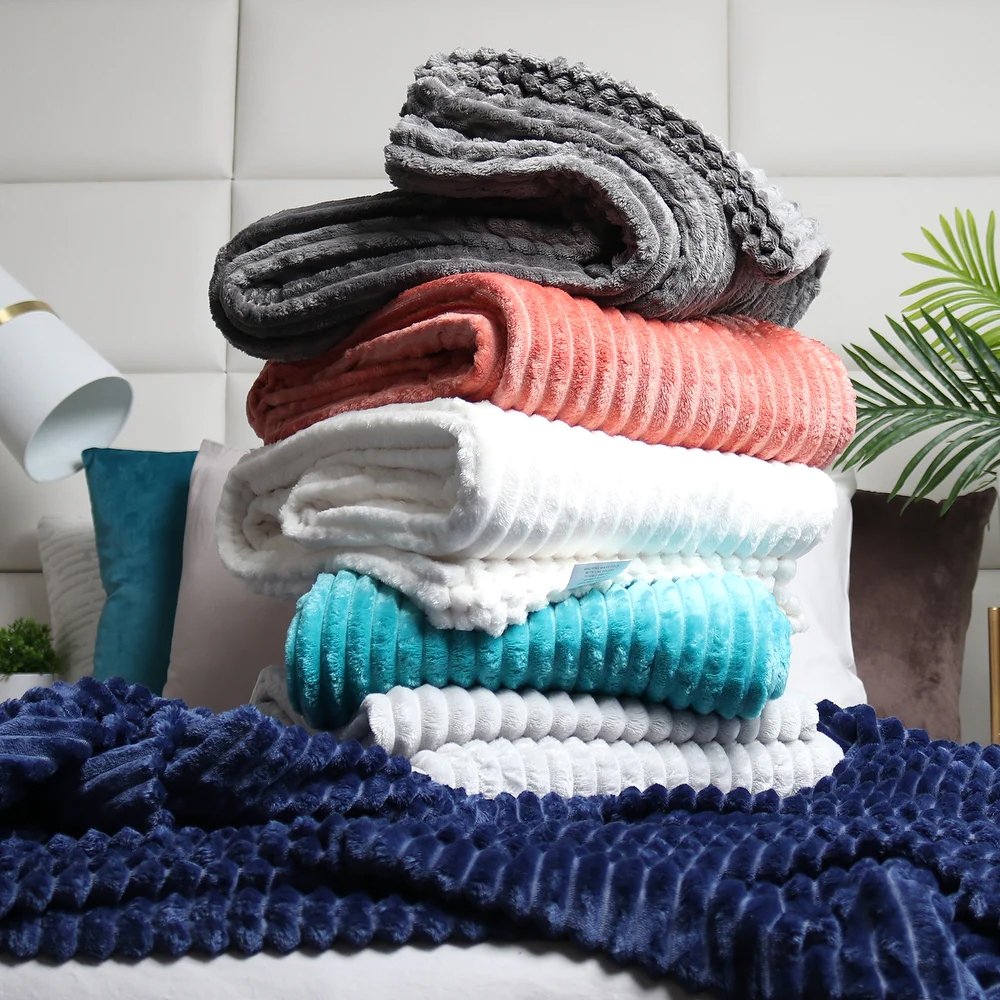 Super Soft Fashionable Cozy Plush Home Textile Fabric Knitted Jacquard Stripe Ribbed Faux Rabbit Fur Throw Blanket