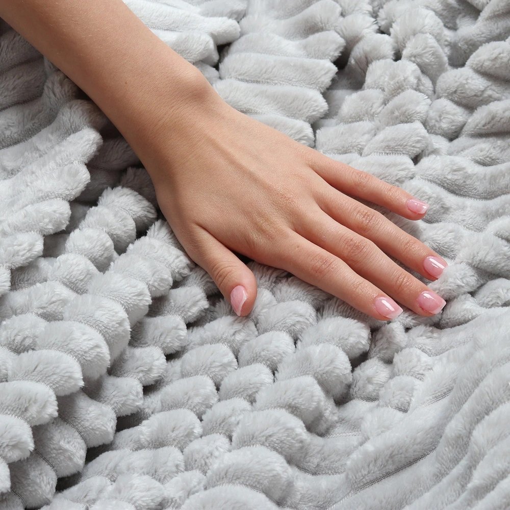 Super Soft Fashionable Cozy Plush Home Textile Fabric Knitted Jacquard Stripe Ribbed Faux Rabbit Fur Throw Blanket