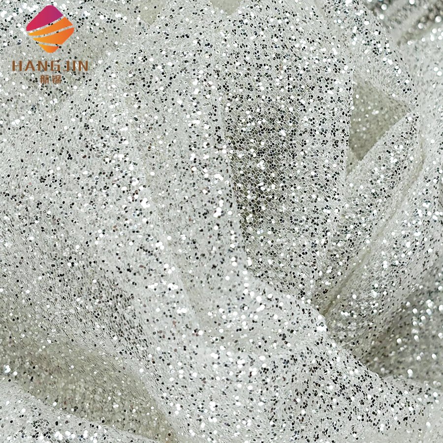 Unique Silver Glitter Fabric Sparkle Tulle Sequins White Shimmer Lace Fabric For Sewing Evening Gowns Wedding Prom Dresses