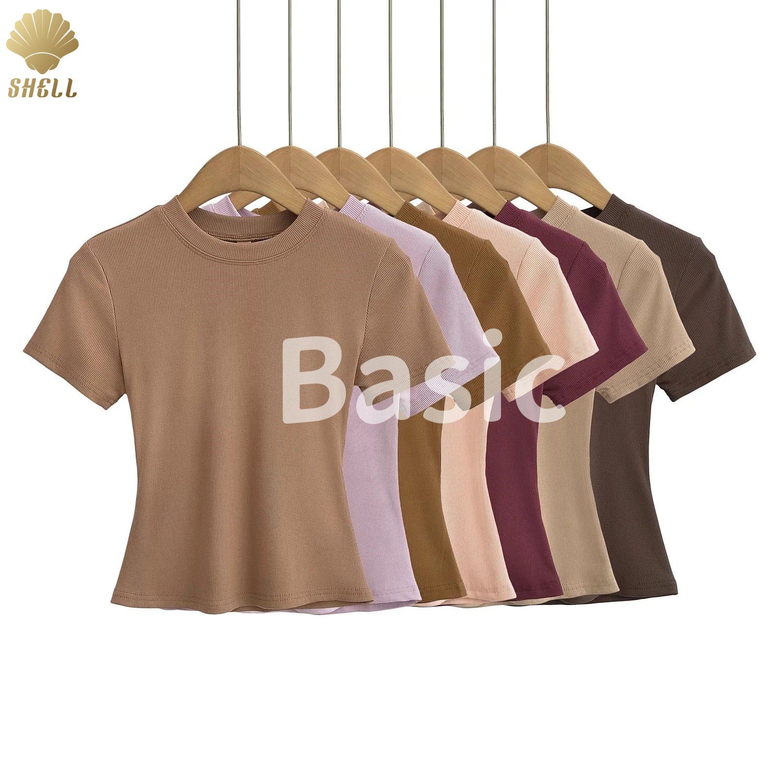 CNSHELL Crew Neck Basic 14-Color Micro Rib Daily Wear Single Layer T-shirt Short Sleeve Cut Out Crop Top Casual