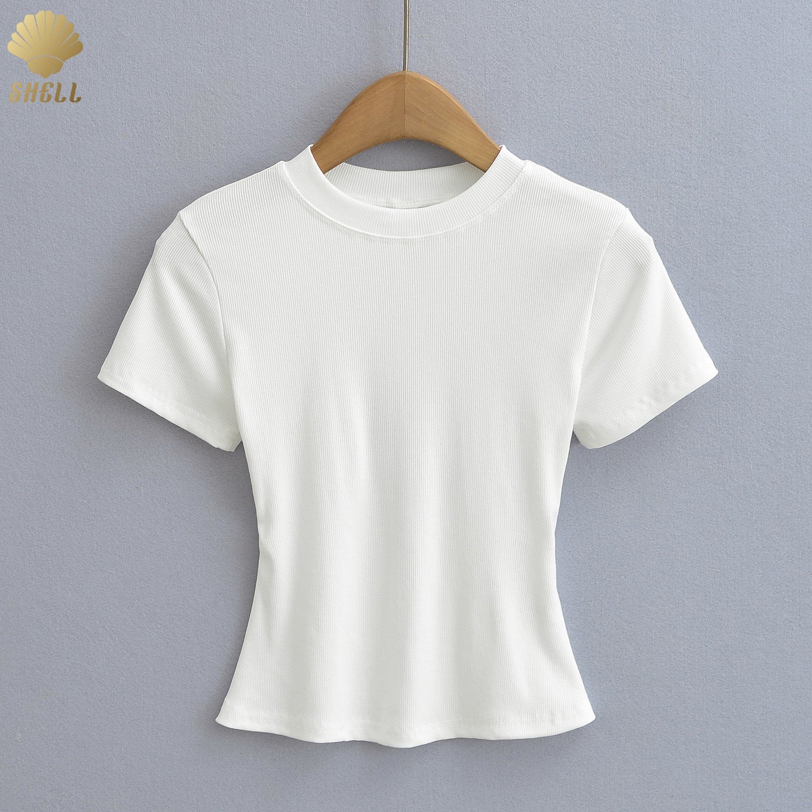 CNSHELL Crew Neck Basic 14-Color Micro Rib Daily Wear Single Layer T-shirt Short Sleeve Cut Out Crop Top Casual